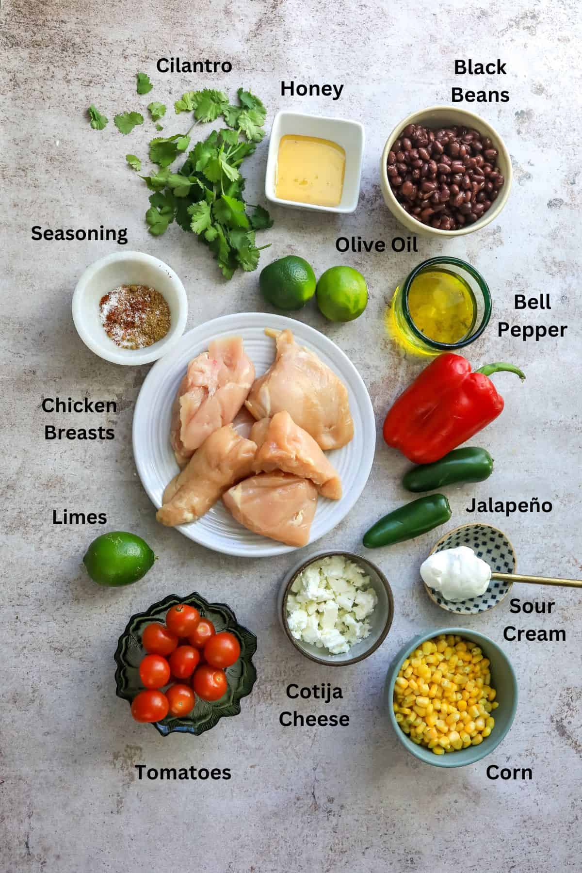 Ingredients needed to make the recipe in bowls and small containers on a grey counter. 