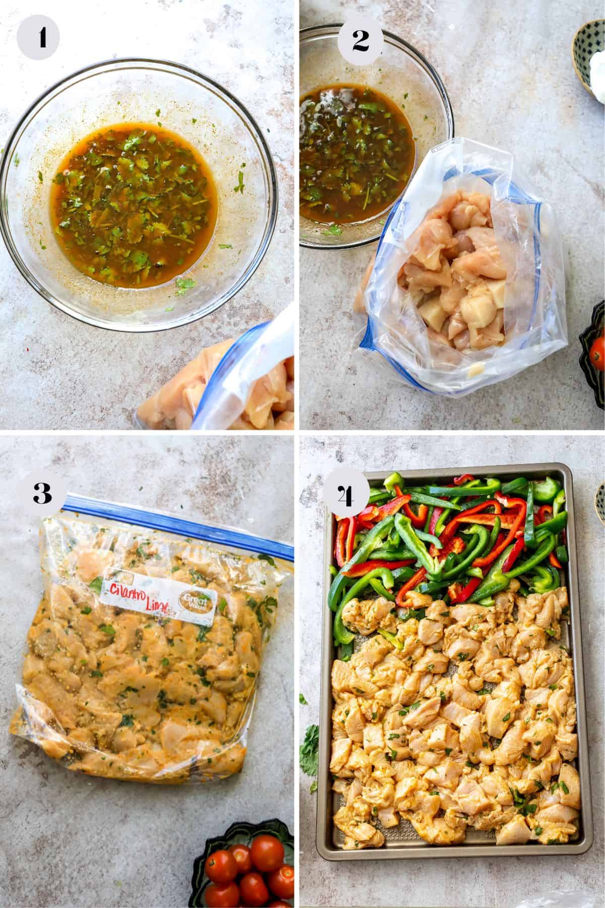 Steps to make chicken with cilantro and bowl toppings. A plastic bag with marinade. 