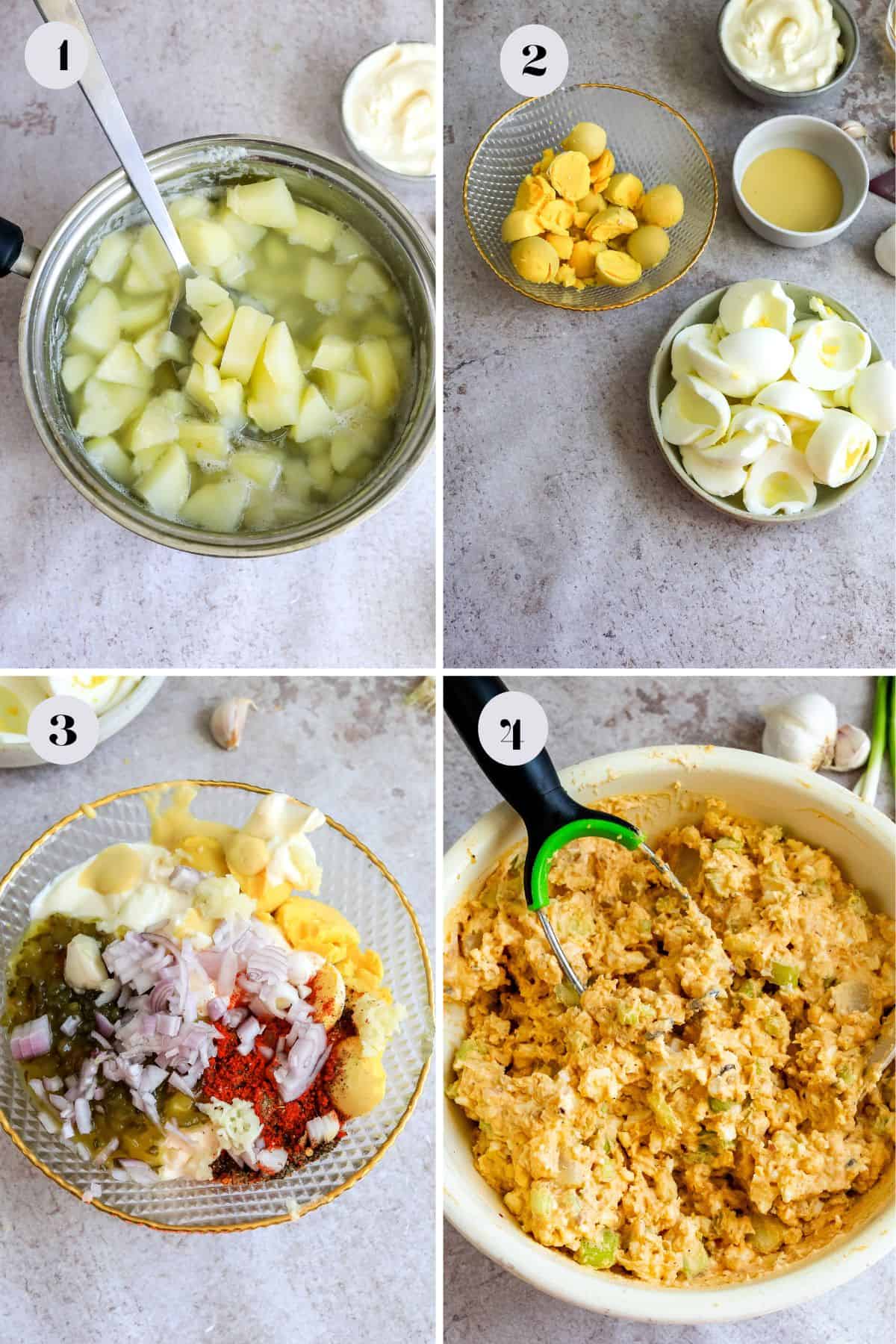 Steps to make deviled eggs and potato salad in a large serving bowl. Spoon to the side of the bowl. 