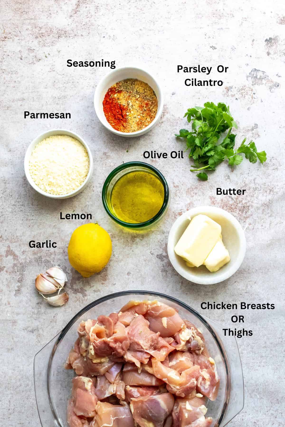 Chicken skewer ingredients on a counter 