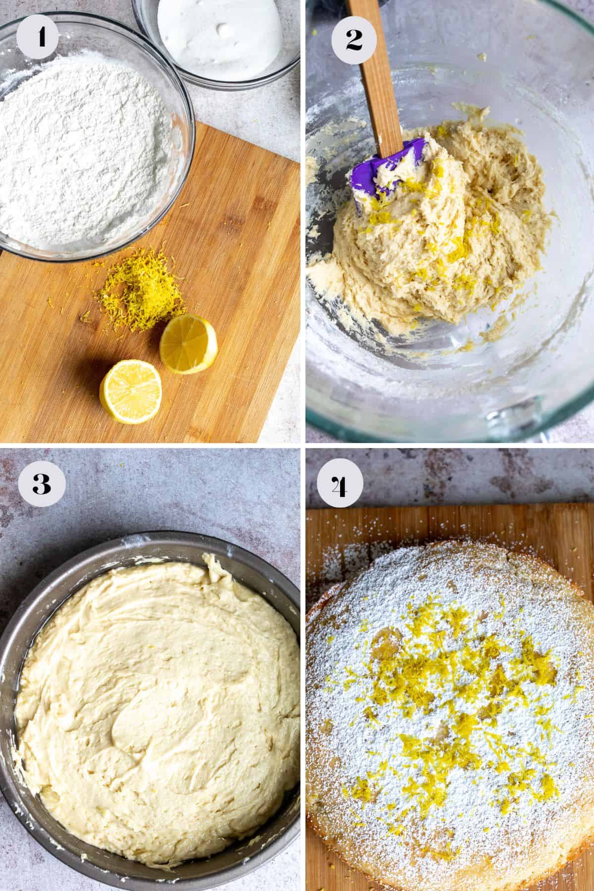 Glass mixing bowls with italian lemon cream cake ingredients in them. 