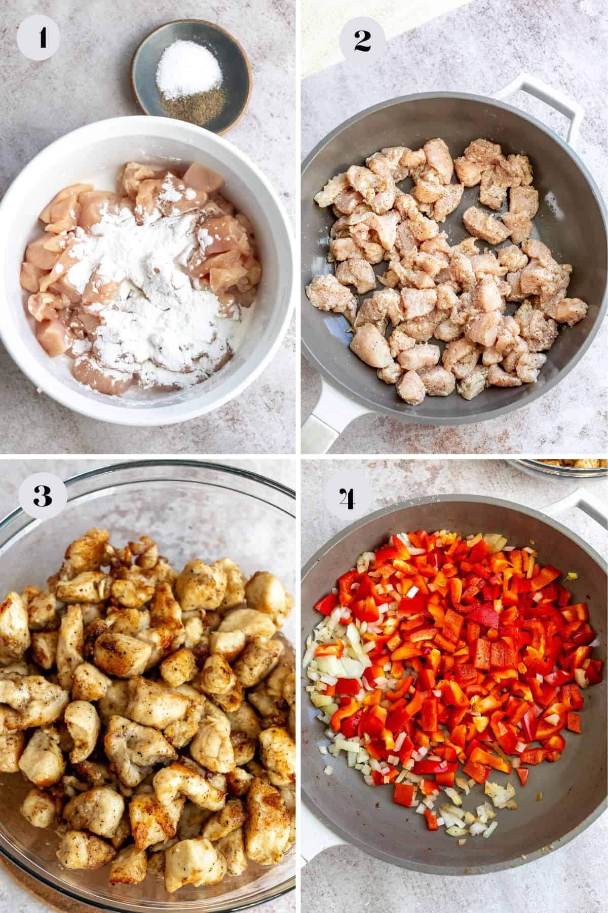 Steps to make salt and pepper chicken recipe. Grey skillet with crispy chicken in it. 