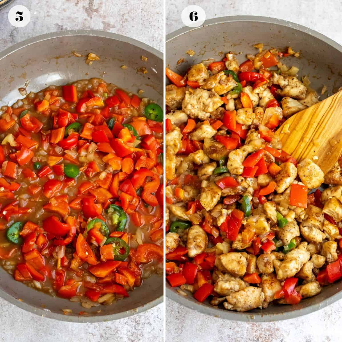 Red bell peppers in a skillet with chicken and a wooden spoon. 