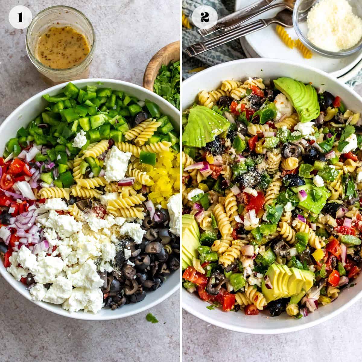 Steps to make Zesty Italian Pasta salad in a large salad bowl with toppings. 