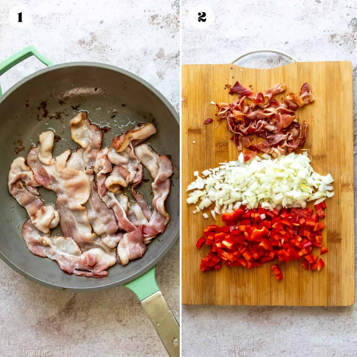 An overhead image of a collage of two photos. On the left side, bacon is being fried on a skillet. On the right side, the photo shows chopped onions, bell pepper, and garlic on a chopping board.