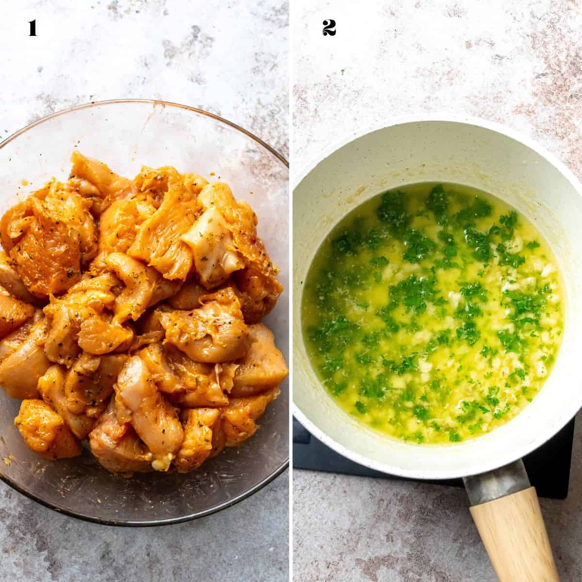 Garlic Parmesan Chicken Skewers in a glass bowl to marinate. 