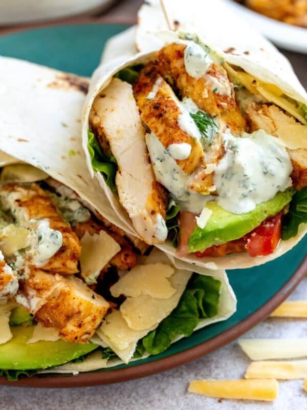 An image of two grilled chicken wraps on a plate.