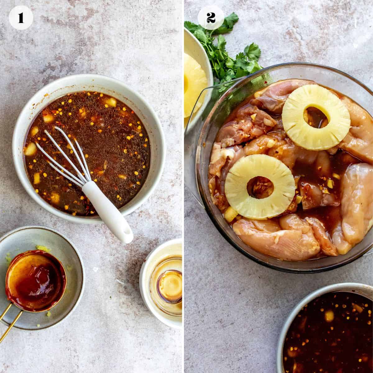 Steps to make this Hawaiian BBQ in bowls and glass bowl with chicken thighs. 