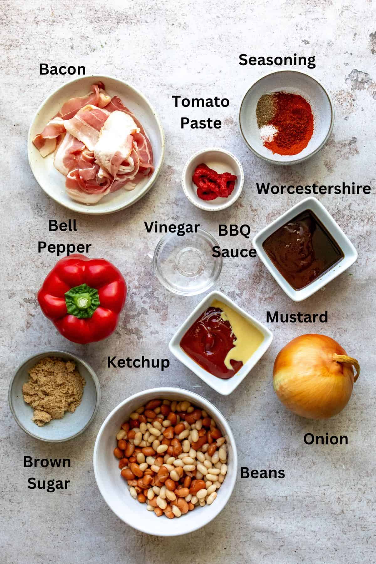 An overhead image of the ingredients of baked beans with labels.
