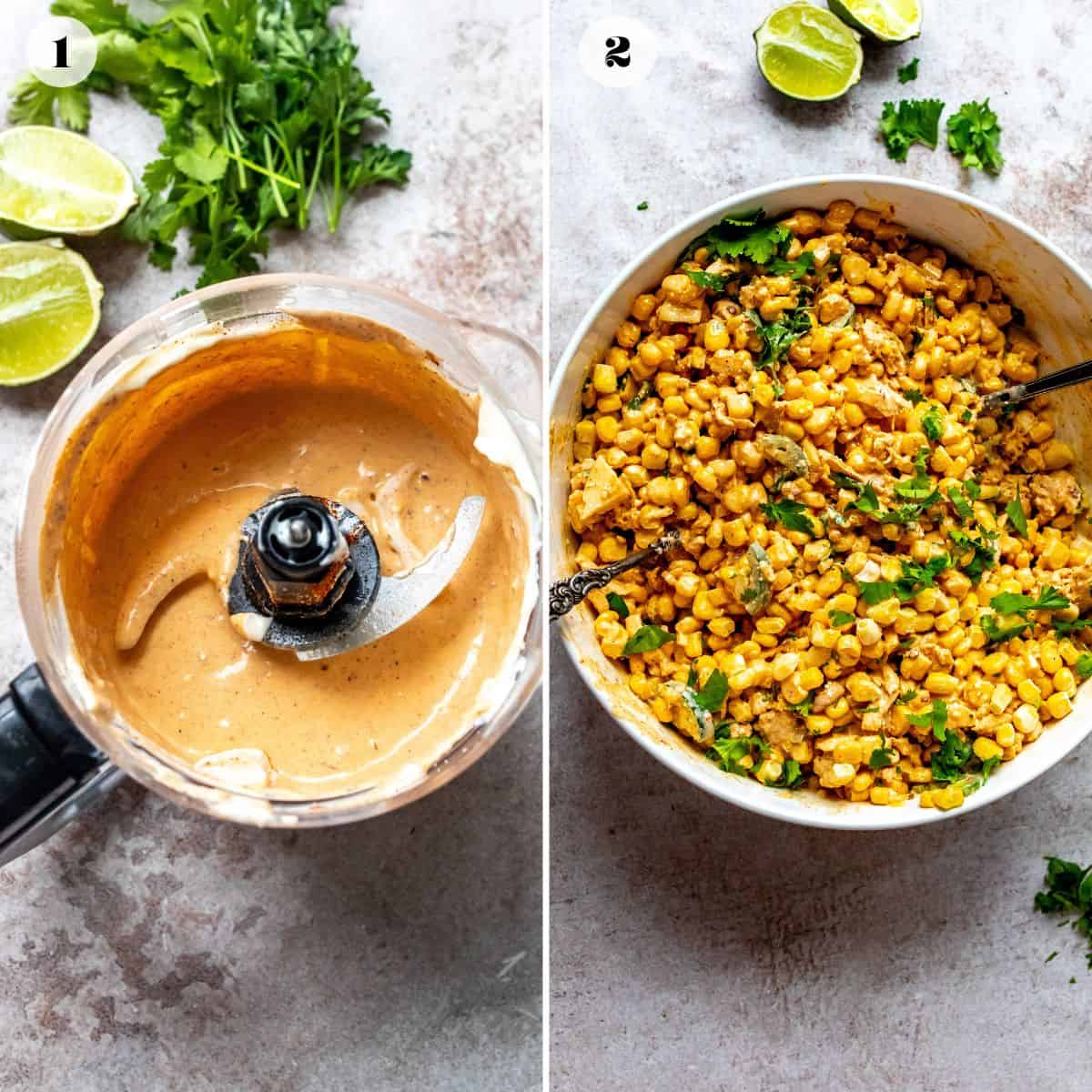 A collage of two photos. On the left is an image of the sauce in a food processor, and on the right is corn in a bowl.
