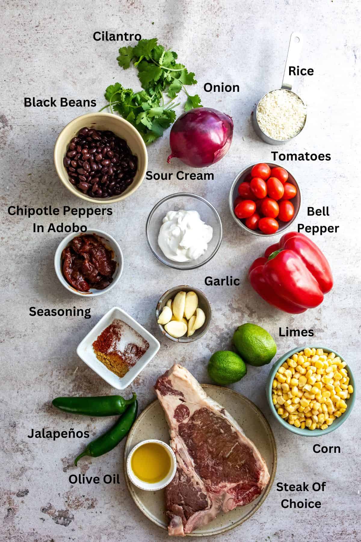 Chipotle Steak Bowl Ingredients on a counter. 