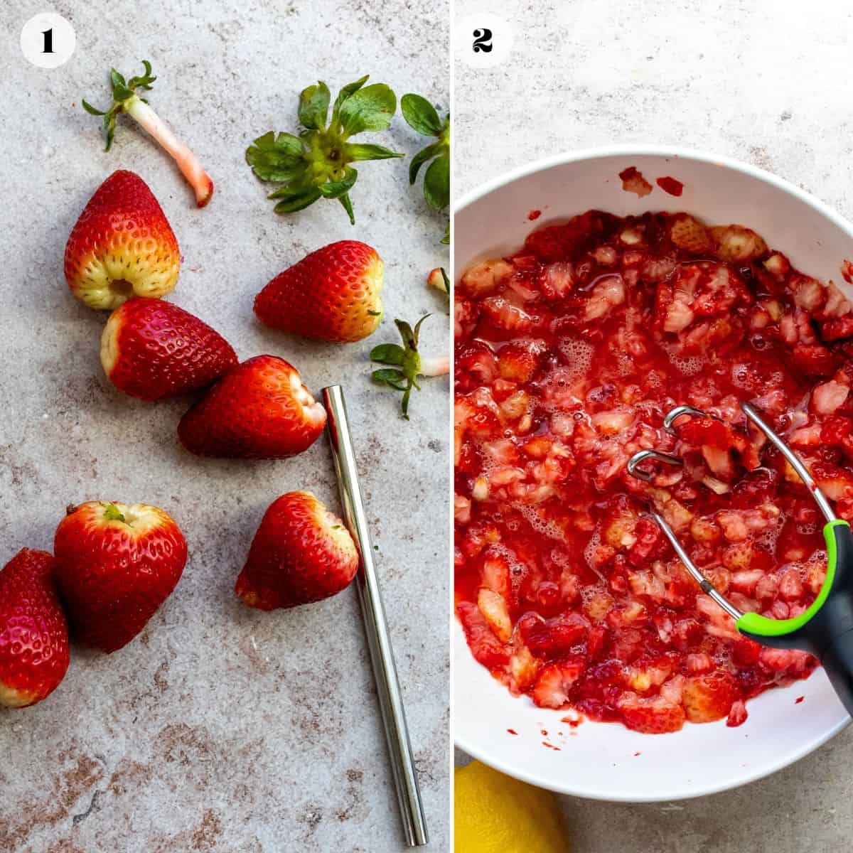 A collage of two images showing strawberries being mashed in a bowl.