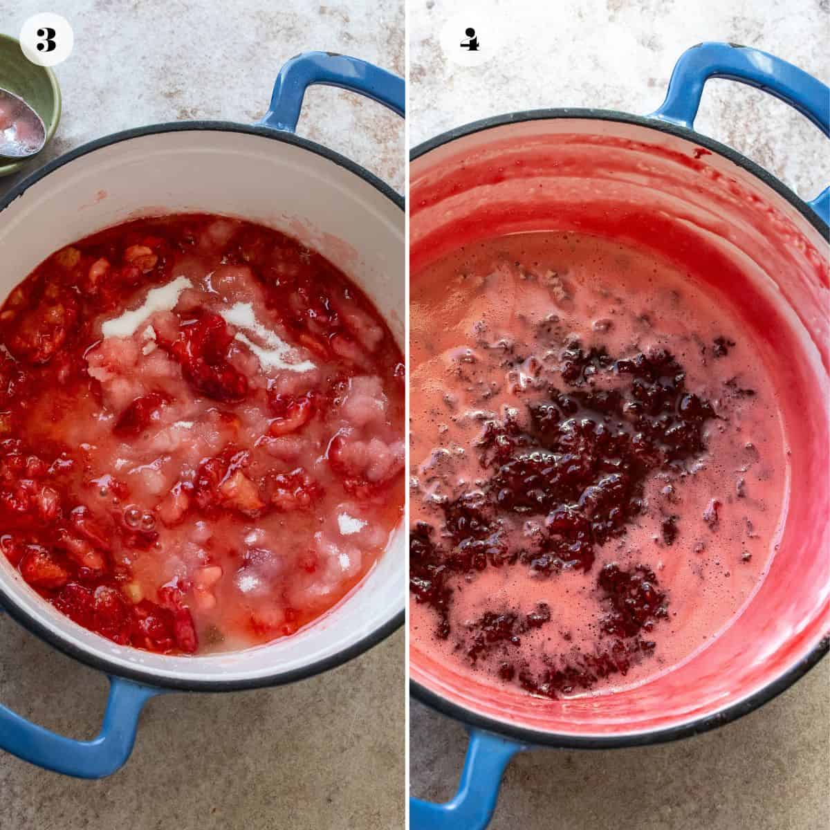 A collage of two images showing strawberry jam after boiling.