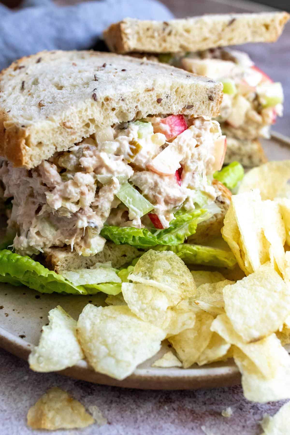 Apple tuna sandwich on a plate with potato chips. 