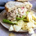 Tuna and apple salad on bread with chips