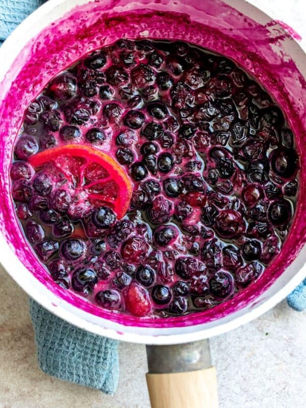 An image of blueberry syrup in a saucepan.