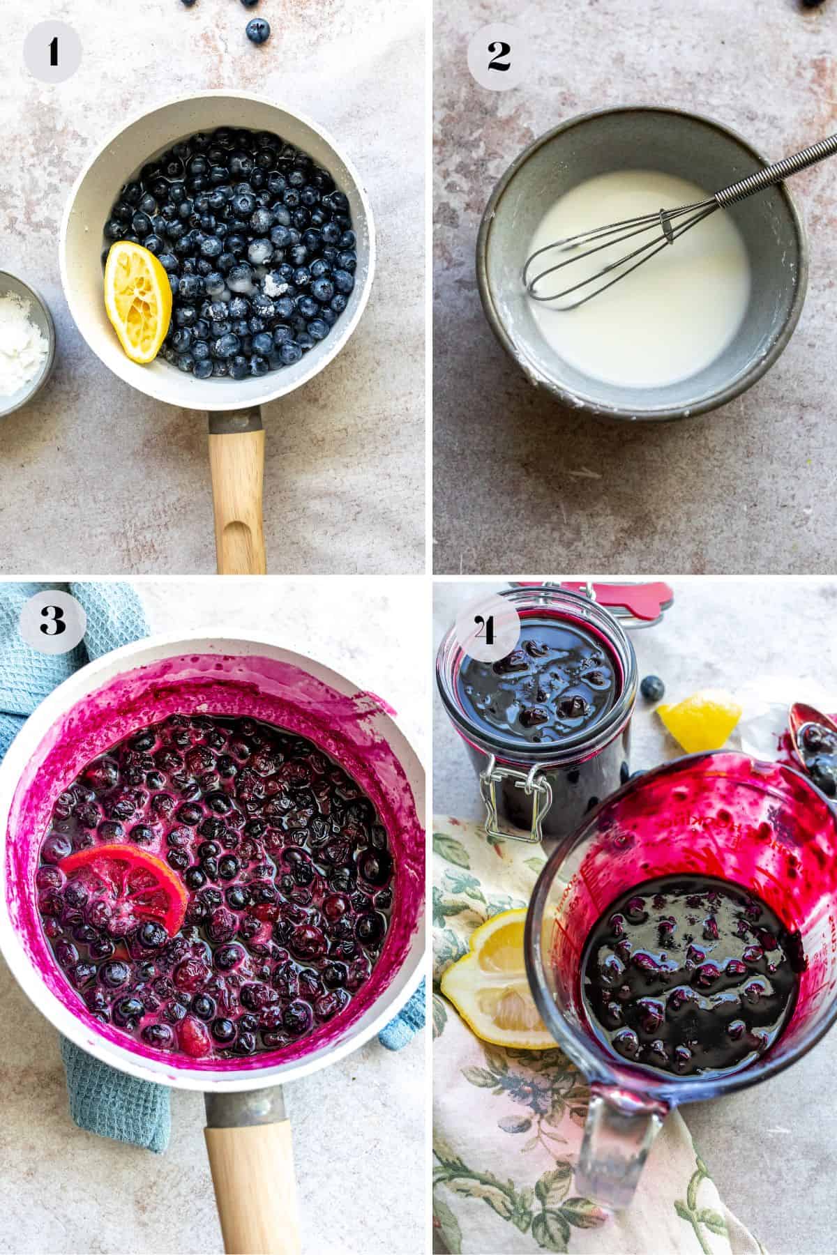 An image of the process of cooking blueberries to make syrup.