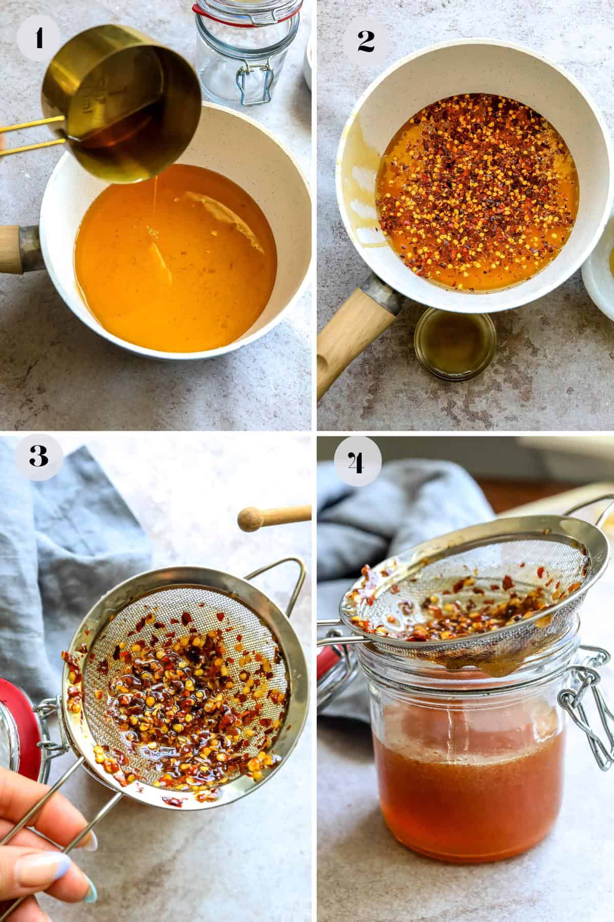 Steps to make hot honey in a sauce pan with red pepper flakes. 