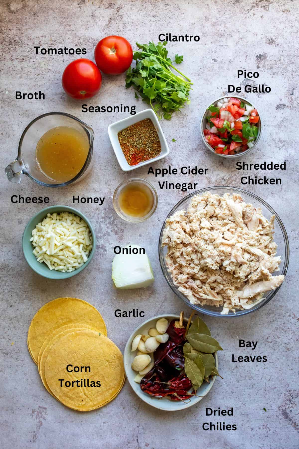 Photo of ingredients on a counter overhead. 