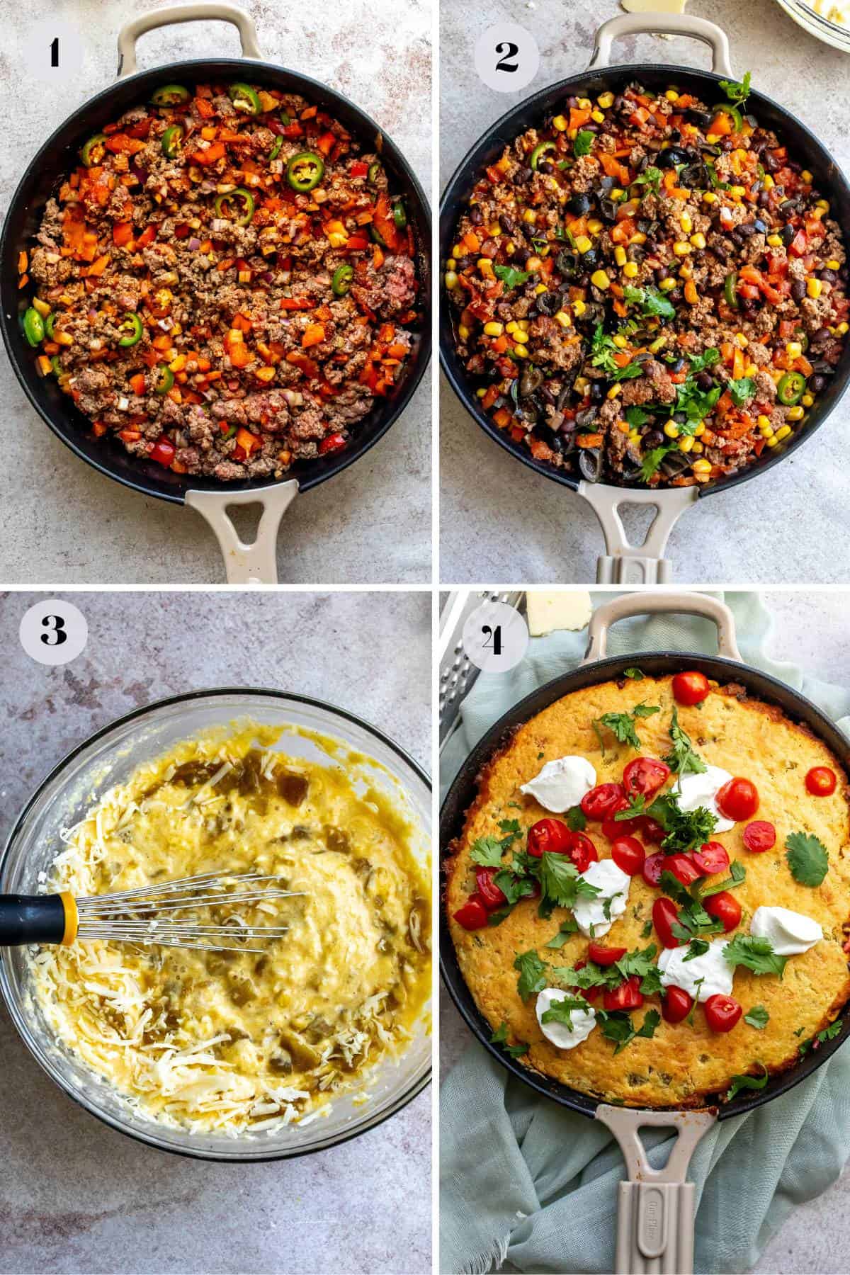 An overhead image of how to make Mexican cornbread casserole.