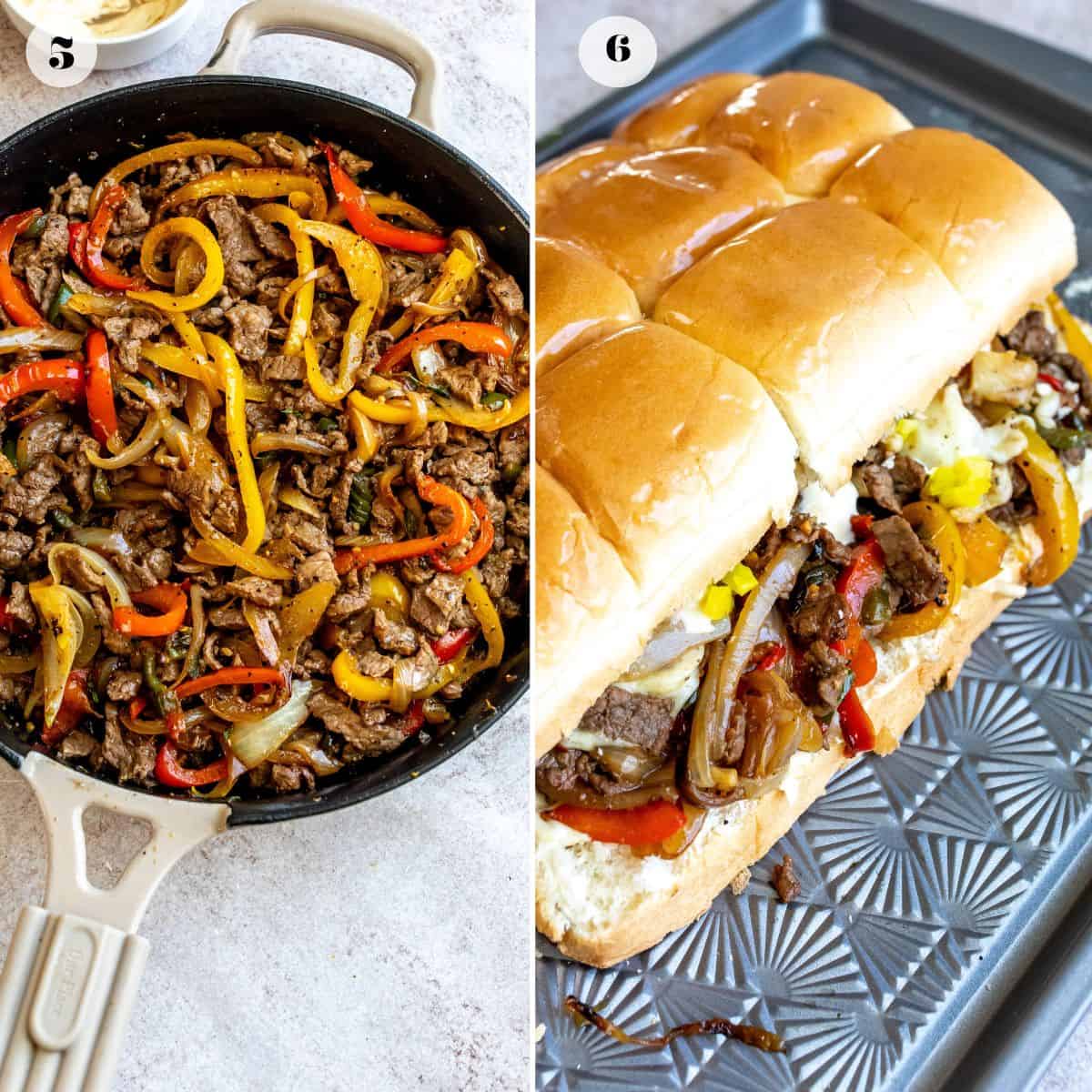 An image of preparing the philly cheesesteak sliders.