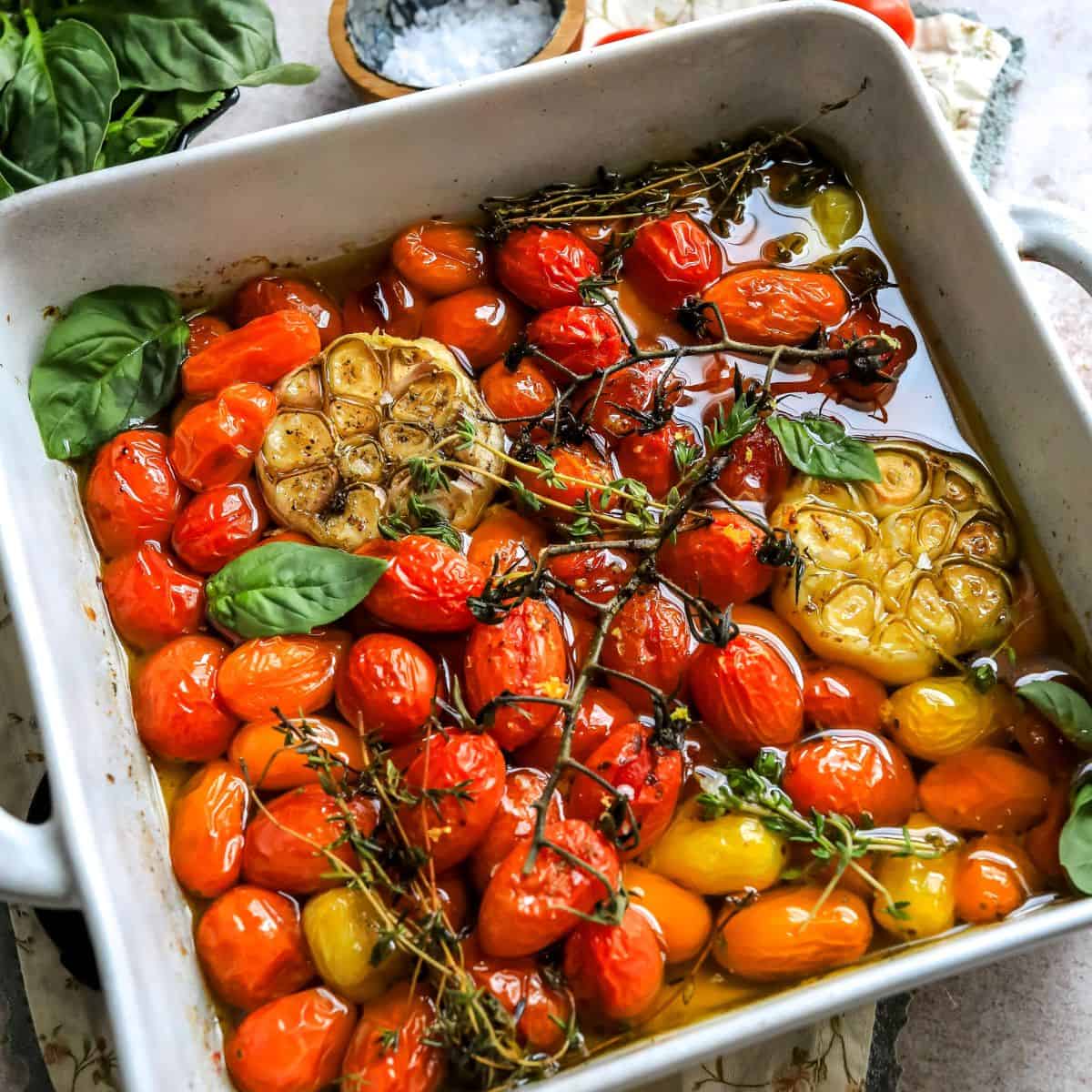 An image of tomato confit in a baking dish.
