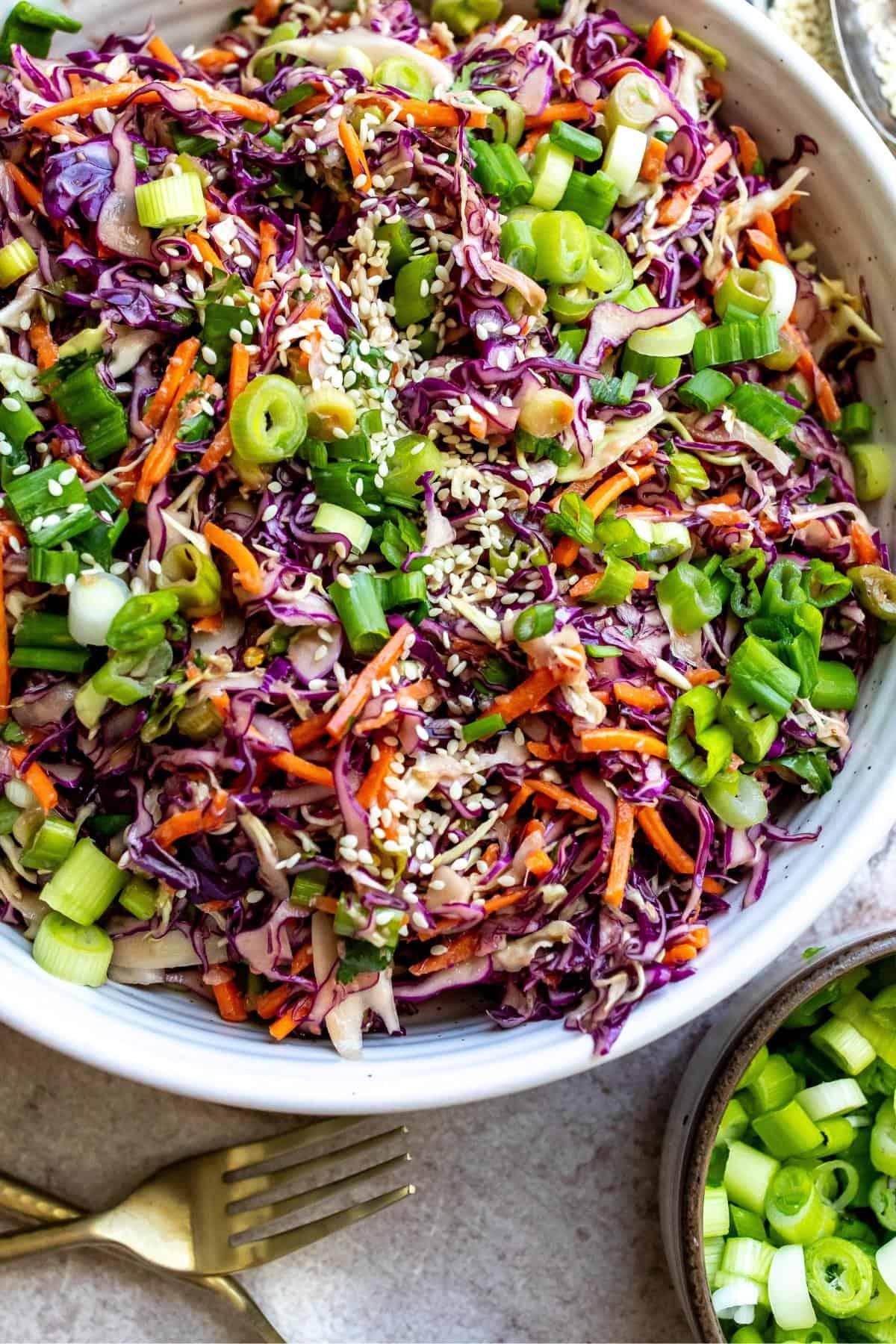 A close up image of Asian coleslaw in a bowl.