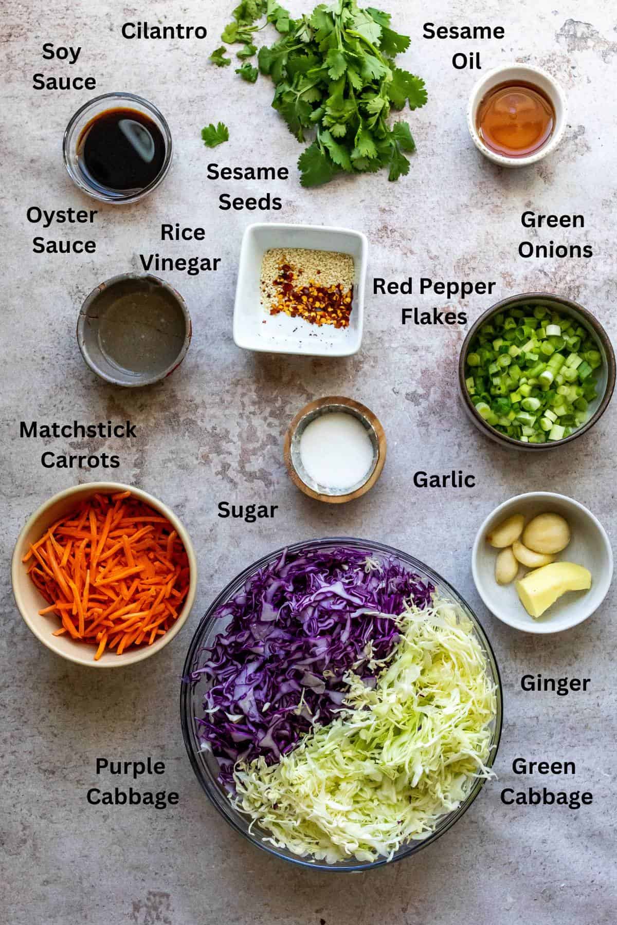 An overhead image of the ingredients of Asian coleslaw.