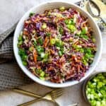 An overhead image of Asian coleslaw in a bowl.