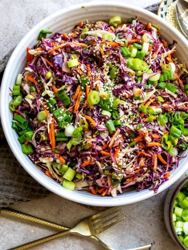 An overhead image of Asian coleslaw in a bowl.