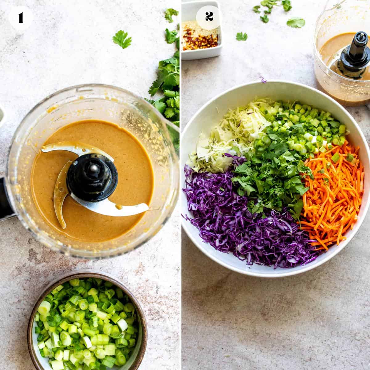 An overhead image of the process of making Asian coleslaw and dressing.