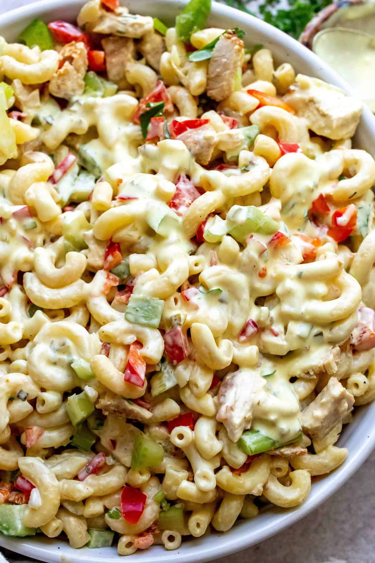 White ceramic bowl filled with chicken Macaroni pasta salad up close with sauce on top. 