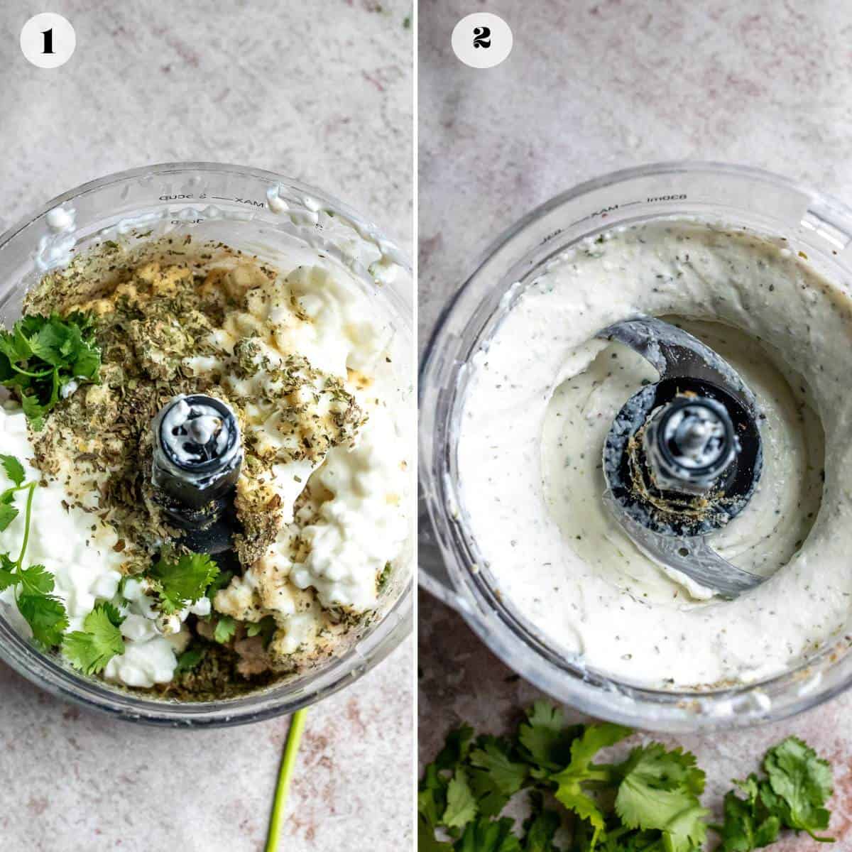 An overhead image of cottage cheese dip in a high-speed blender.