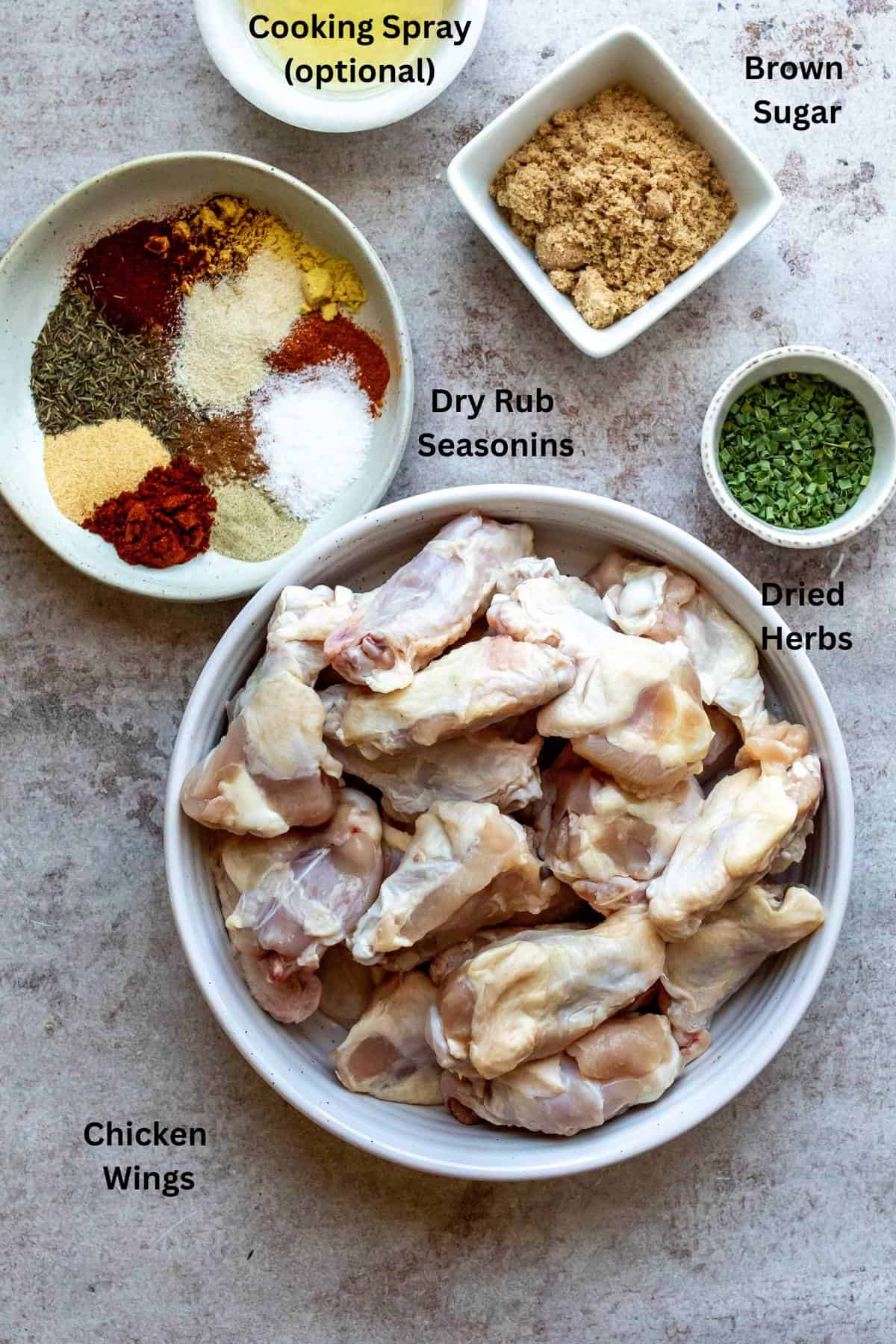 An overhead image of the ingredients of dry rub wings with labels.