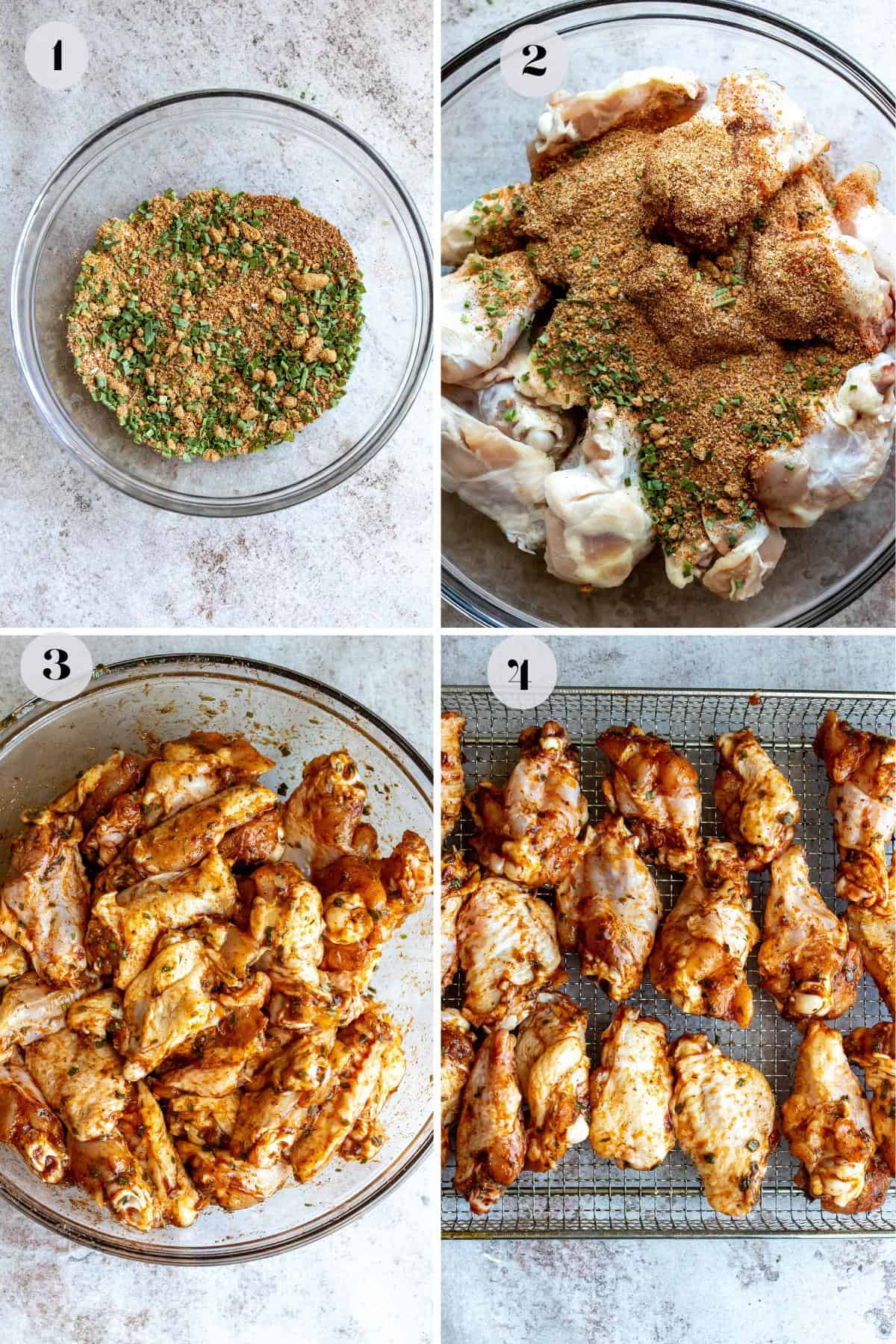 An overhead image of the process of making dry rub wings.