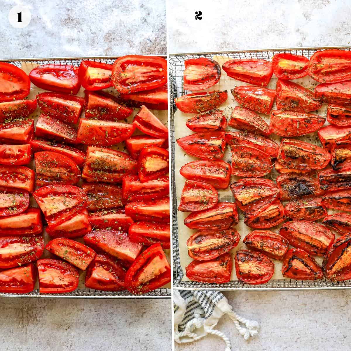 Sliced roma tomatoes on a wire rack with parchment paper. 