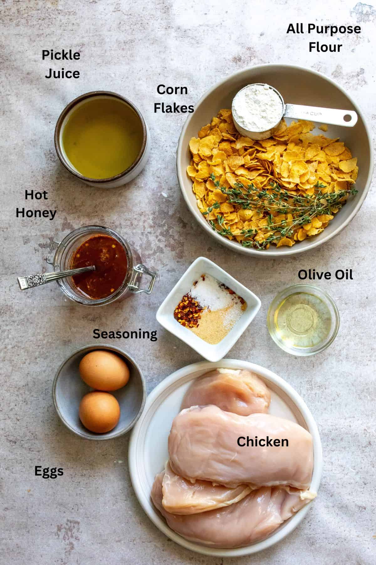 Ingredients to make the meal on a counter in bowls and measuring cups. 