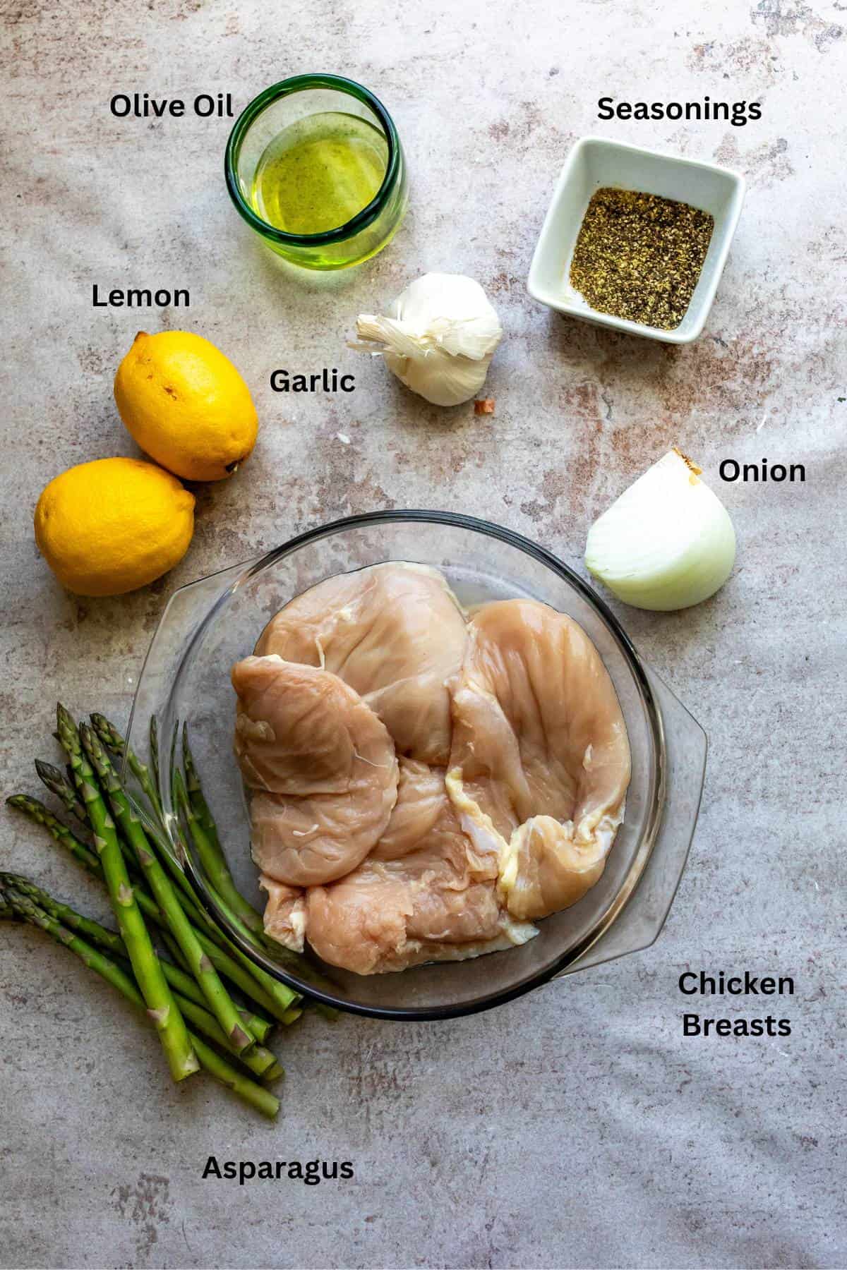 Overhead shot of ingredients in bowls and containers. 