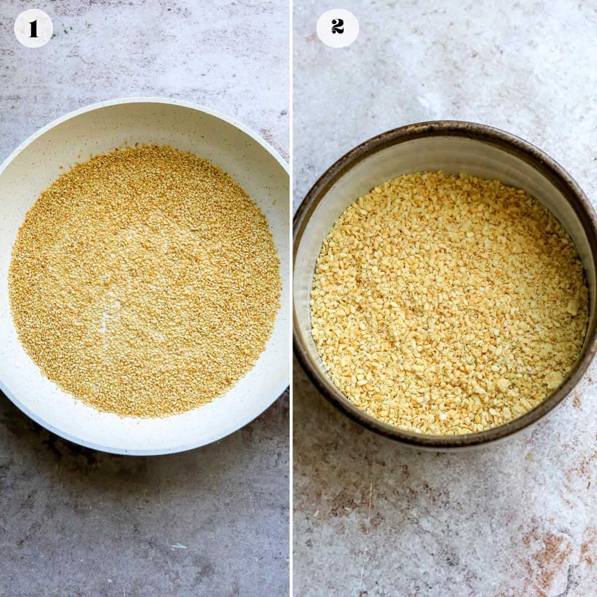 Frying pan with toasted sesame seeds. 