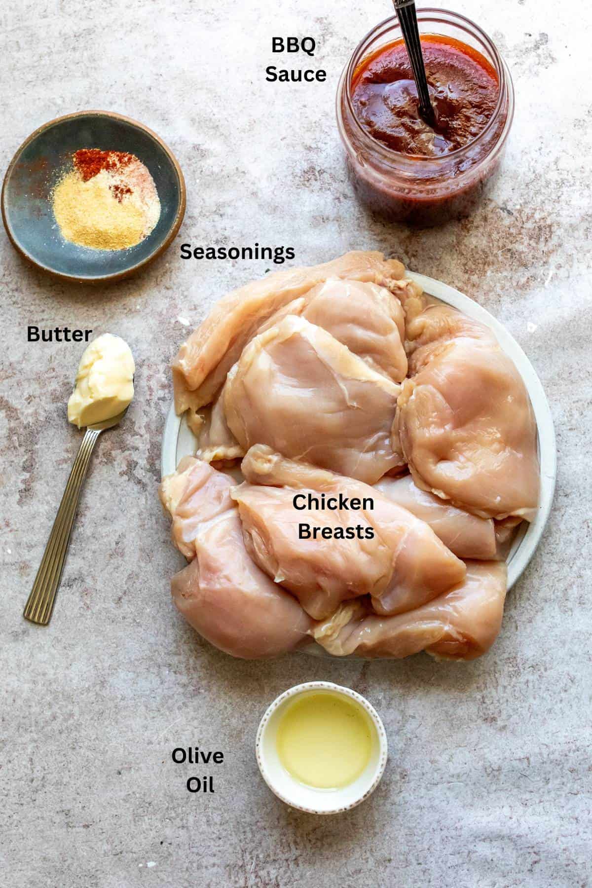 An overhead image of the ingredients of shredded BBQ chicken.