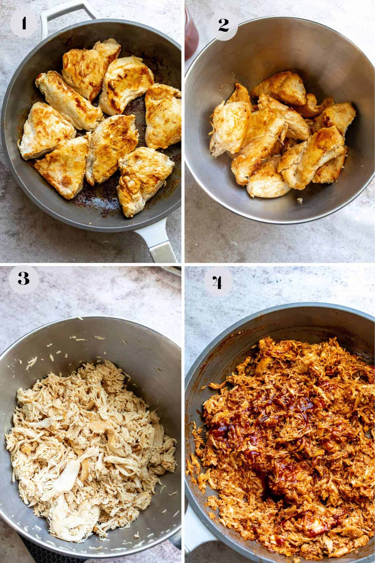 An overhead image of the process of cooking shredded BBQ chicken.