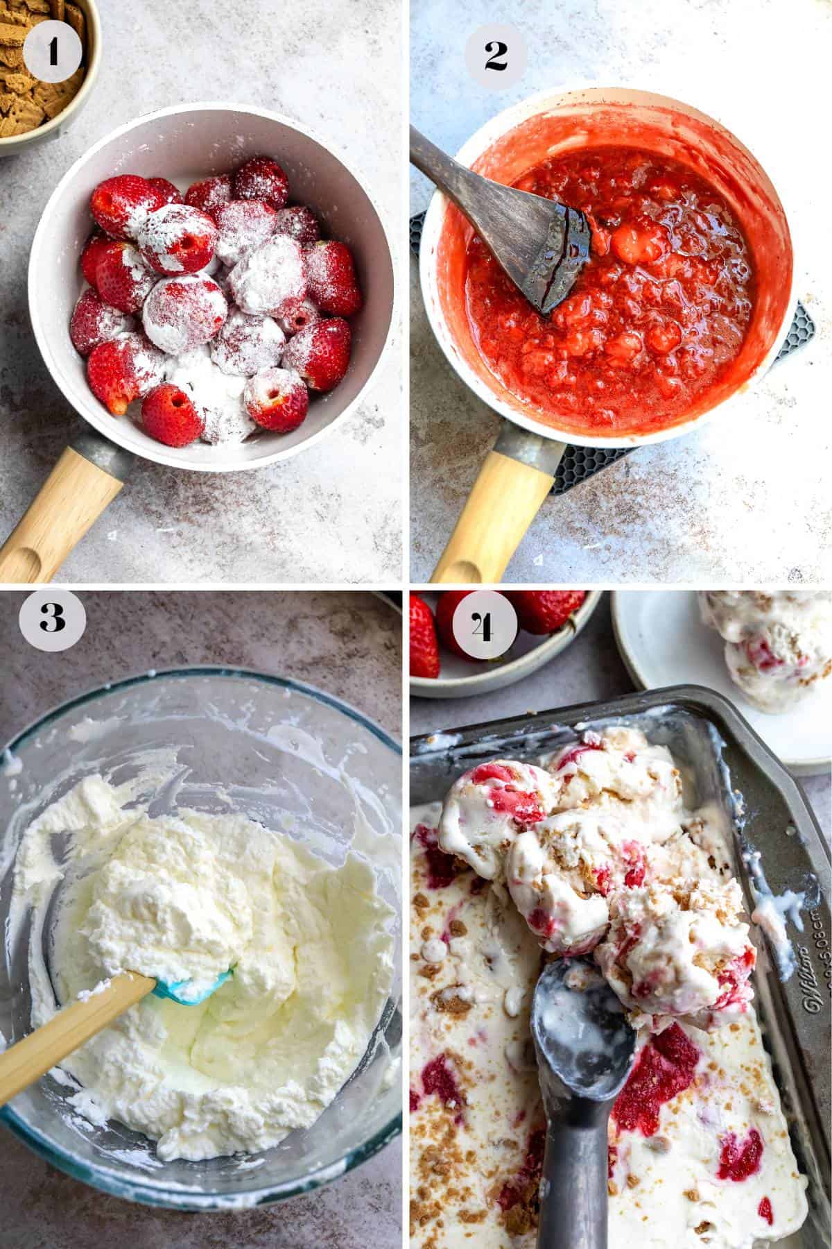 An overhead image of the process of making strawberry cheesecake ice cream.