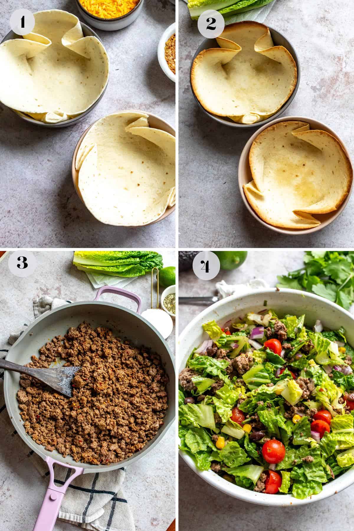 Bowls with tortillas in them to make taco shells. 