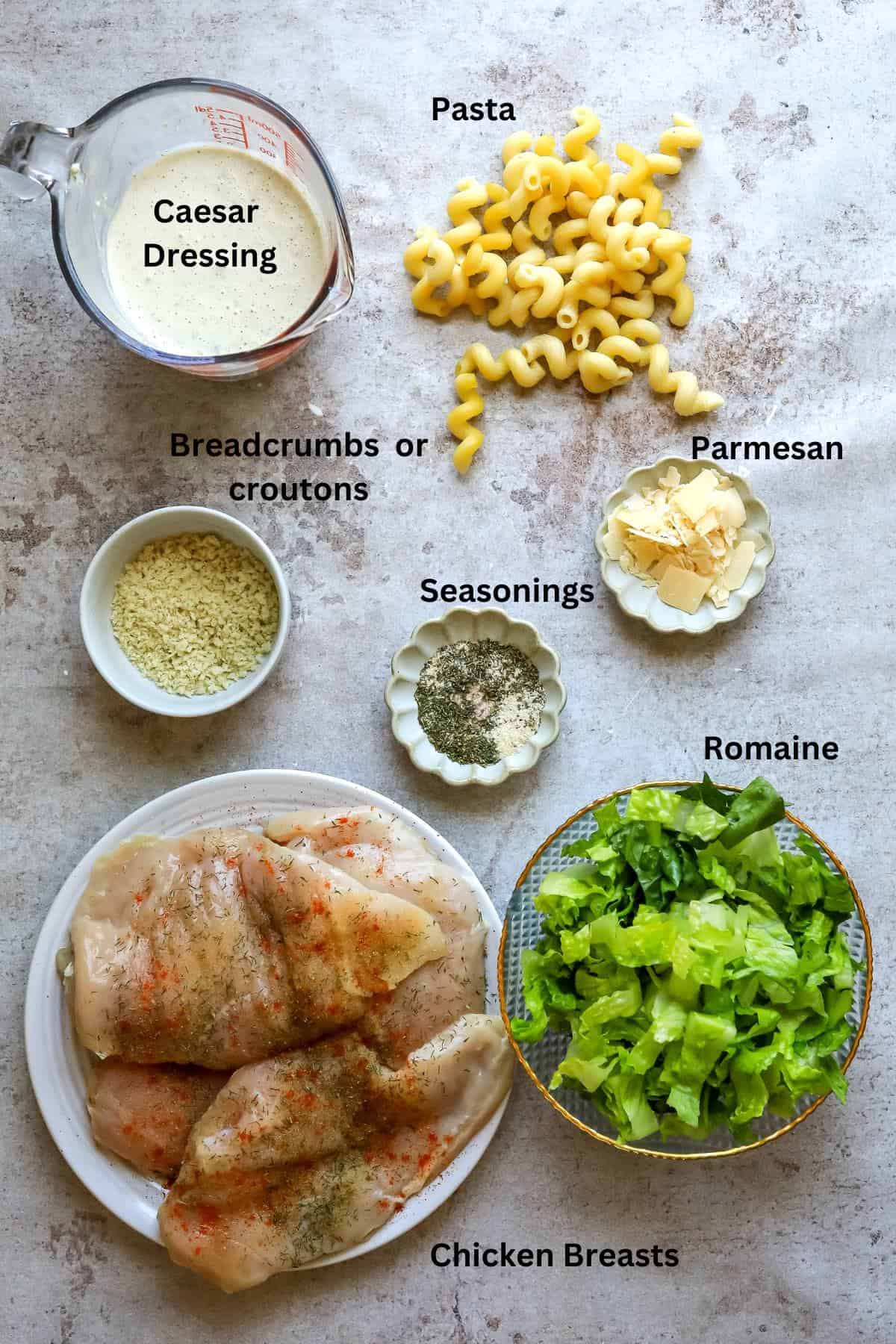 Ingredients in small bowls on a counter, overhead shot of the items. 