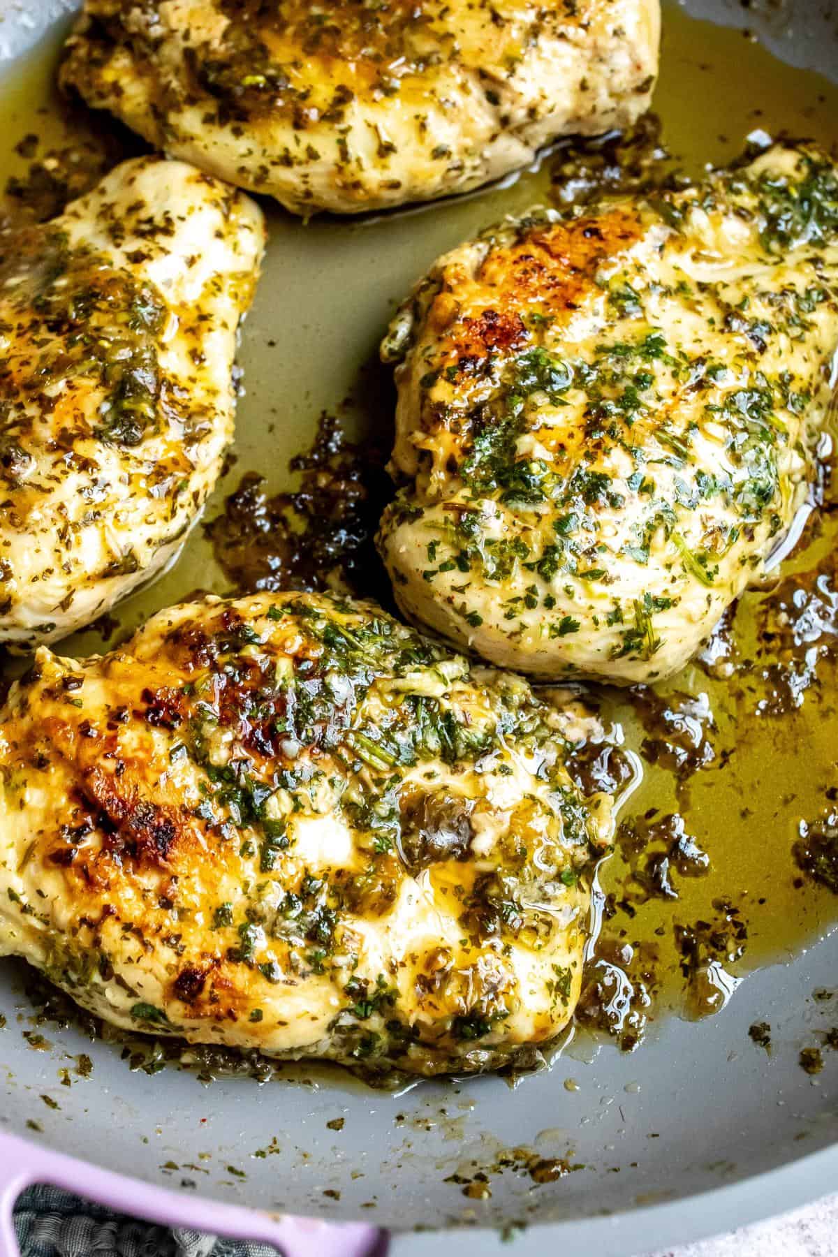 Up close photo of Cilantro and Lime Chicken Marinade in a skillet. 