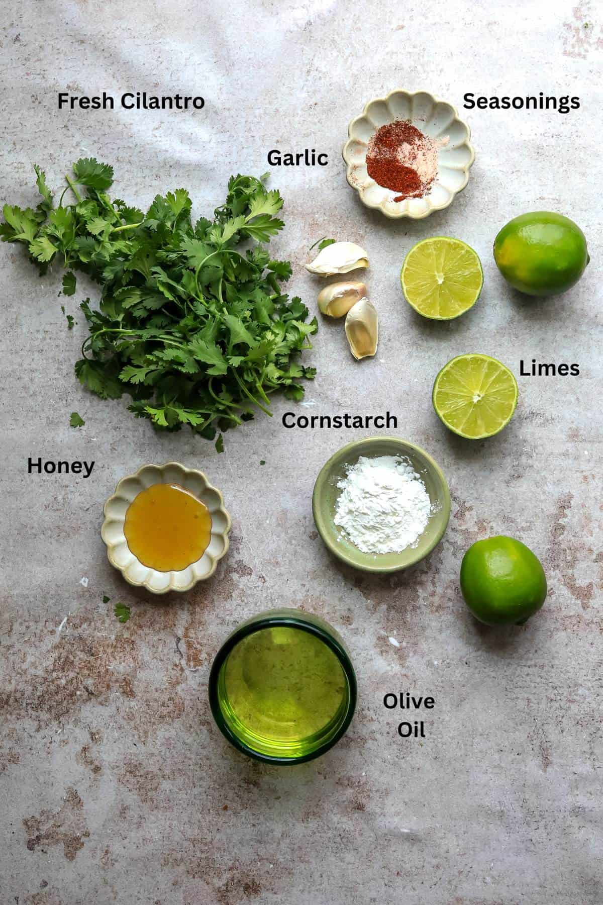 Overhead photo of ingredients in small dishes. 