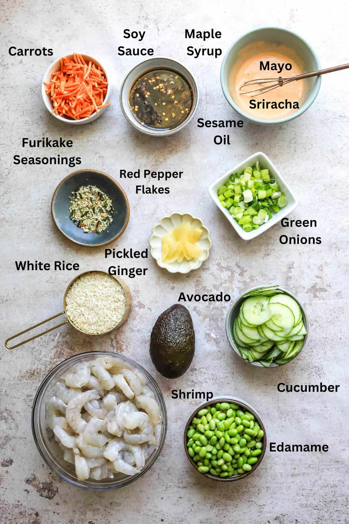 Overhead photo of Ingredients in small bowls on a counter. 