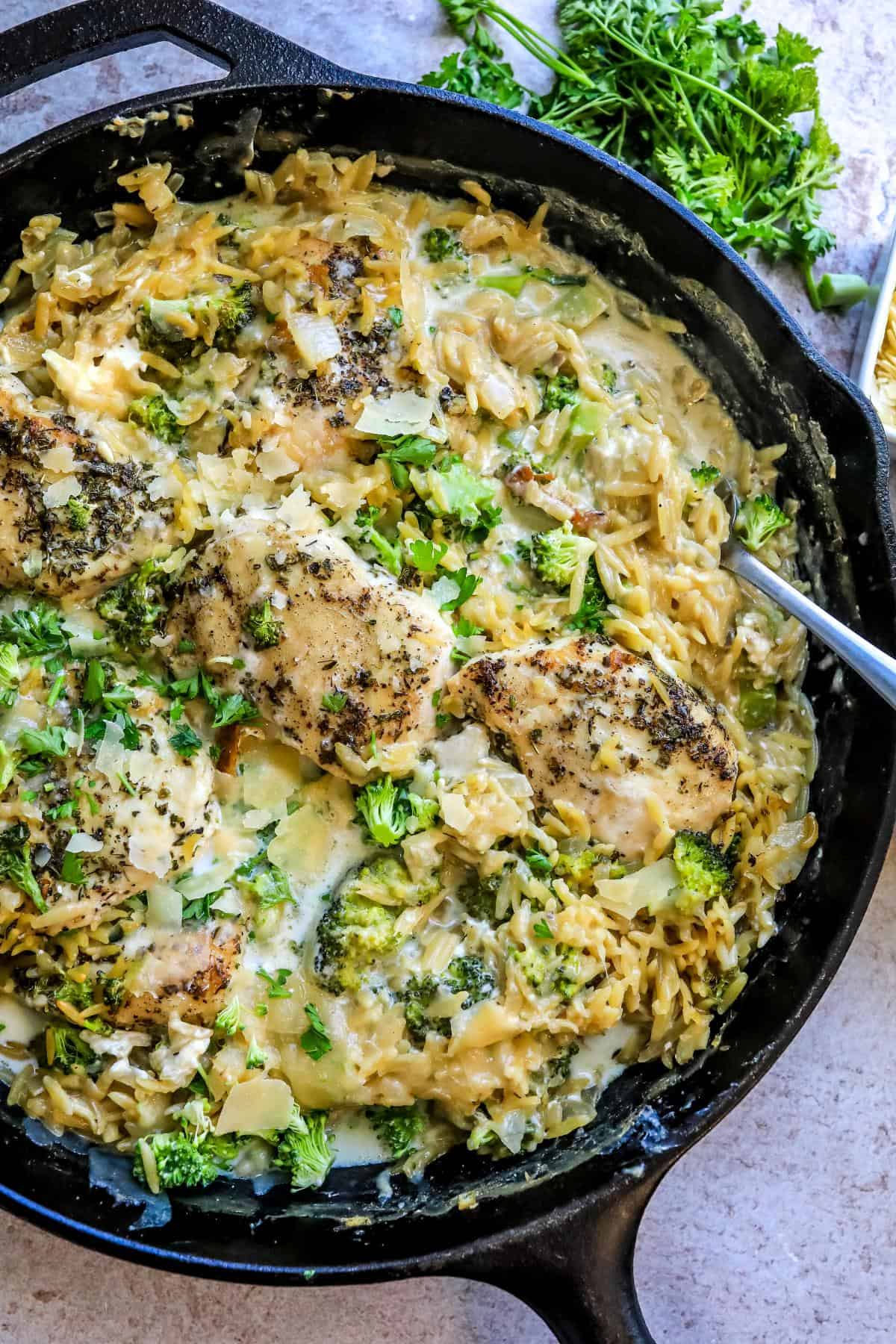 Cast iron pan with Baked Chicken Alfredo Orzo in it topped with parmesan. 