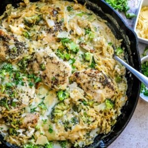 Cast iron pan with Baked Chicken Alfredo Orzo in it topped with parmesan.