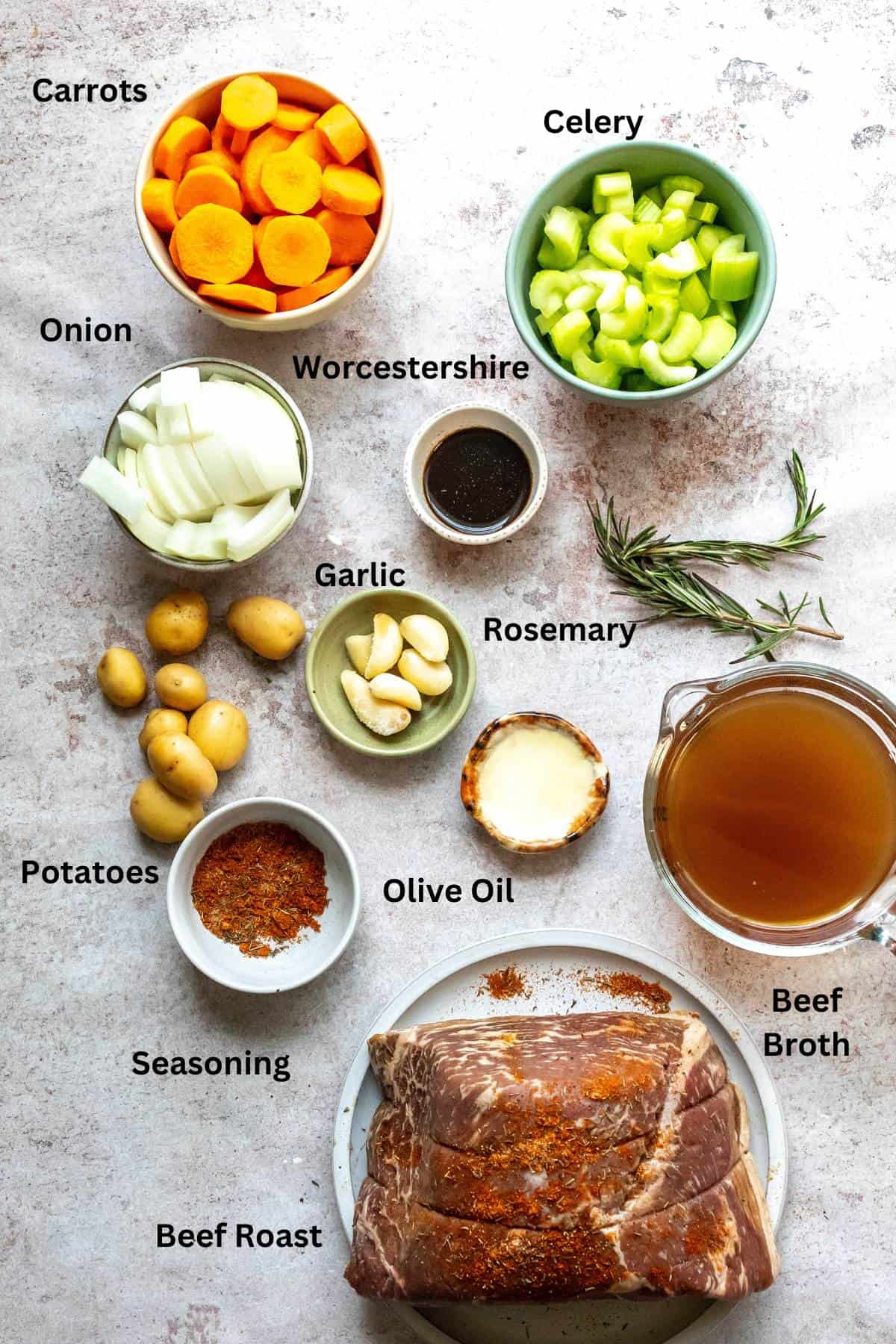 An image of carrots, potatoes, onions, broth, garlic, and beef ingredients with labels.